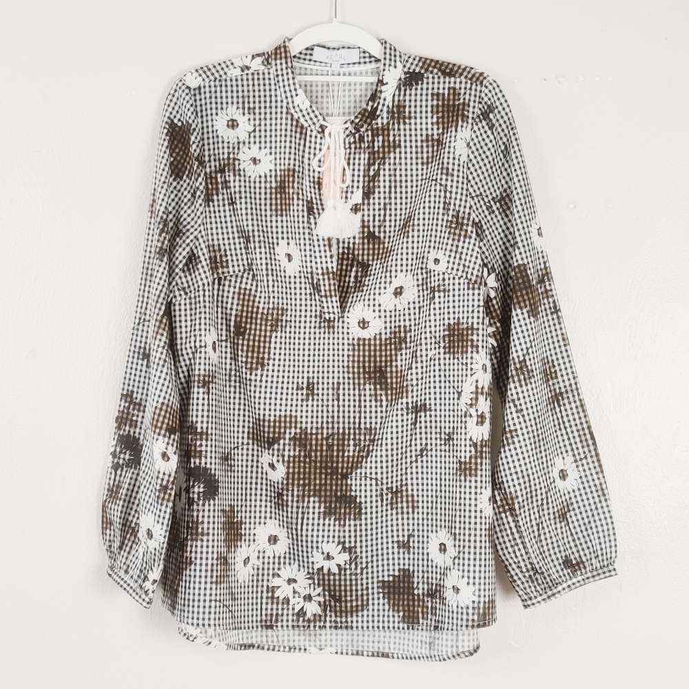 NEW! Pearl Lela Rose Long Sleeve Tunic Top Small Gingham Tassel Floral Business